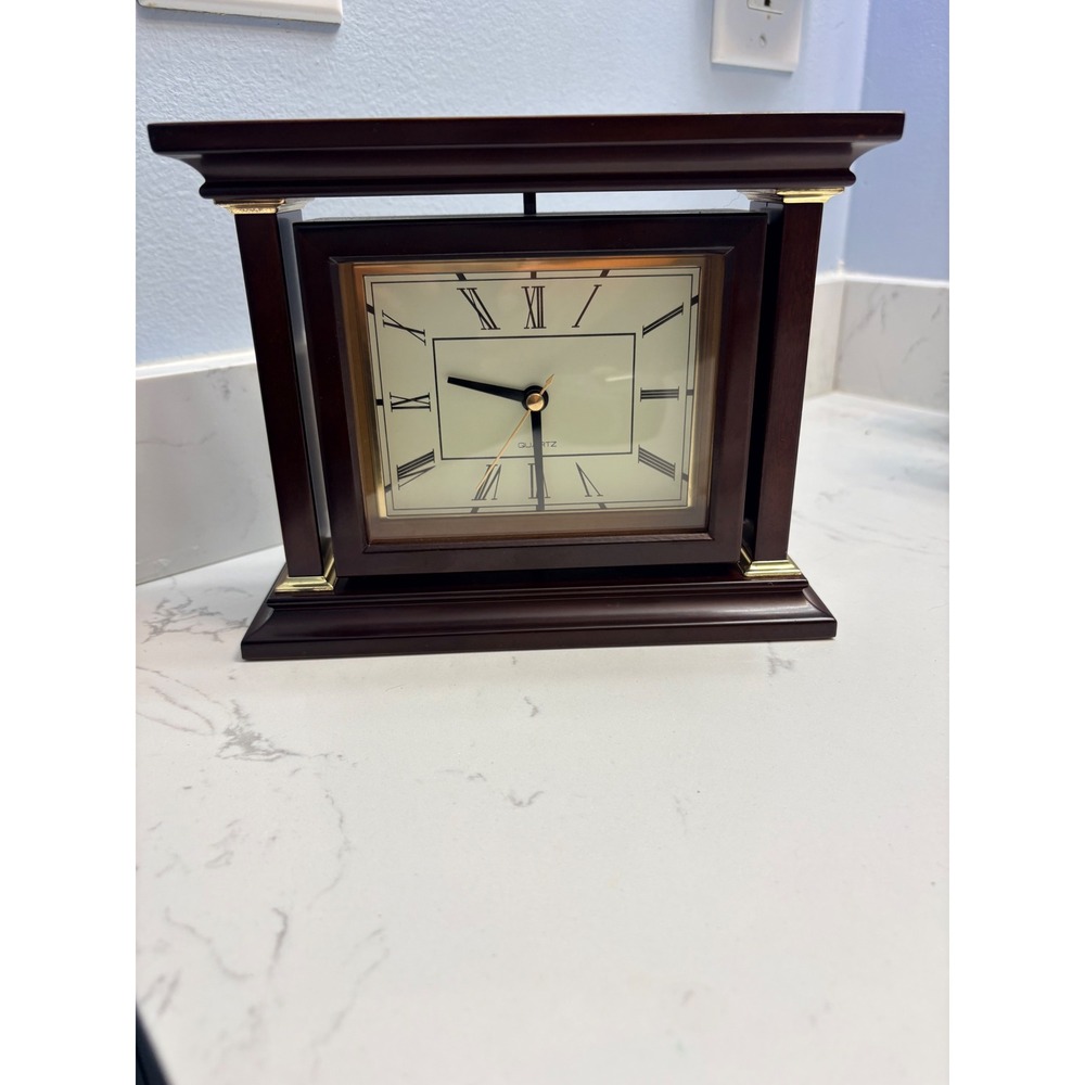 Dark Wood Swivel Mantle Clock Gold Accents Roman Numerals Quartz Desk Timepiece